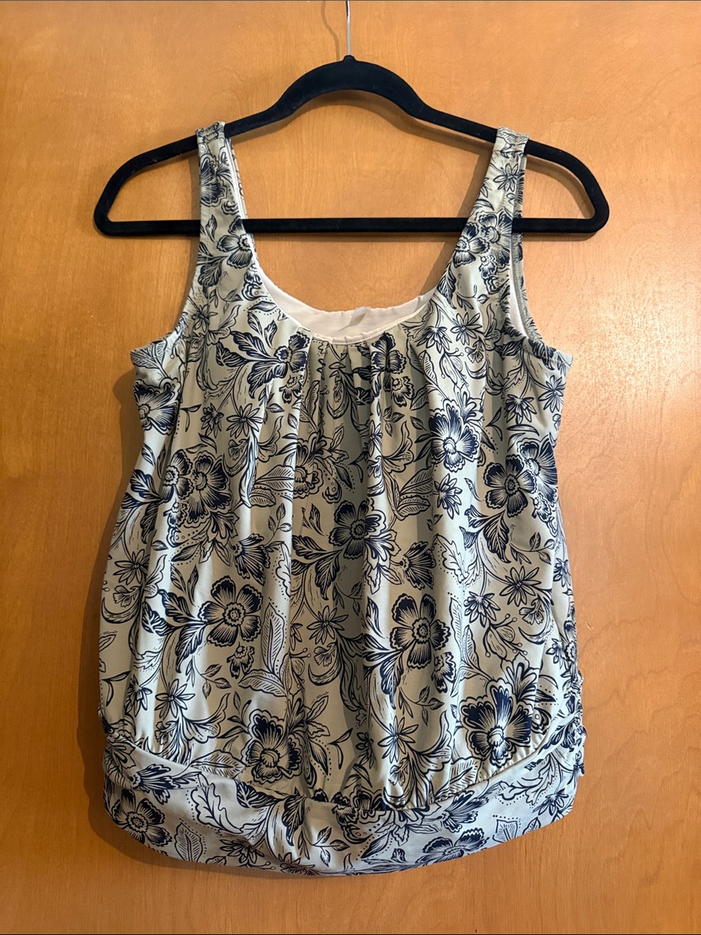 Garnet Hill Navy Floral Scoop-Neck Tankini Top on Light Green